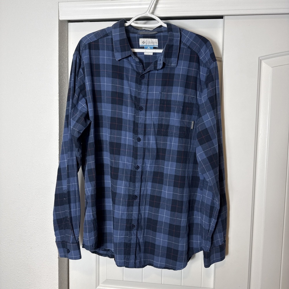 Columbia Flannel Shirt Blue Plaid Long Sleeve Button Up Flannel Men's - L